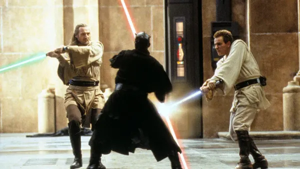Qui-Gon and Obi-Wan take on Darth Maul in Theed Palace on Naboo